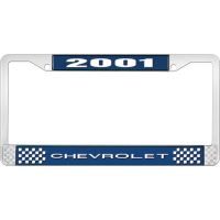 2001 CHEVROLET BLUE AND CHROME LICENSE PLATE FRAME WITH WHIT