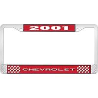 2001 CHEVROLET RED AND CHROME LICENSE PLATE FRAME WITH WHITE