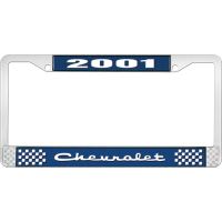 2001 CHEVROLET BLUE AND CHROME LICENSE PLATE FRAME WITH WHIT