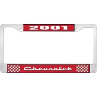 2001 CHEVROLET RED AND CHROME LICENSE PLATE FRAME WITH WHITE