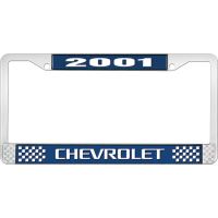 2001 CHEVROLET BLUE AND CHROME LICENSE PLATE FRAME WITH WHIT