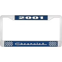 2001 CHEVROLET BLUE AND CHROME LICENSE PLATE FRAME WITH WHIT