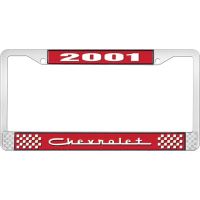 2001 CHEVROLET RED AND CHROME LICENSE PLATE FRAME WITH WHITE