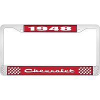 1948 CHEVROLET RED AND CHROME LICENSE PLATE FRAME WITH WHITE