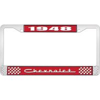 1948 CHEVROLET RED AND CHROME LICENSE PLATE FRAME WITH WHITE