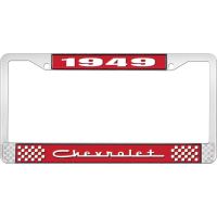 1949 CHEVROLET RED AND CHROME LICENSE PLATE FRAME WITH WHITE