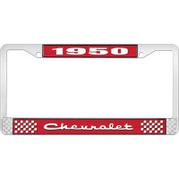 1950 CHEVROLET RED AND CHROME LICENSE PLATE FRAME WITH WHITE