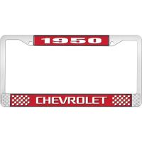 1950 CHEVROLET RED AND CHROME LICENSE PLATE FRAME WITH WHITE