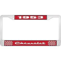 1953 CHEVROLET RED AND CHROME LICENSE PLATE FRAME WITH WHITE