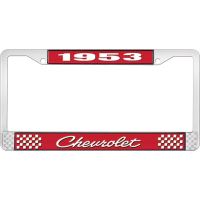 1953 CHEVROLET RED AND CHROME LICENSE PLATE FRAME WITH WHITE