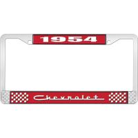 1954 CHEVROLET RED AND CHROME LICENSE PLATE FRAME WITH WHITE