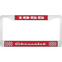 1955 CHEVROLET RED AND CHROME LICENSE PLATE FRAME WITH WHITE