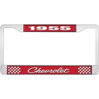 1955 CHEVROLET RED AND CHROME LICENSE PLATE FRAME WITH WHITE