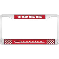 1955 CHEVROLET RED AND CHROME LICENSE PLATE FRAME WITH WHITE