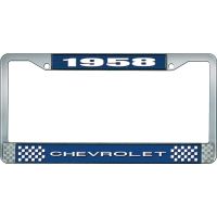 1958 CHEVROLET BLUE AND CHROME LICENSE PLATE FRAME WITH WHIT