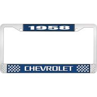 1958 CHEVROLET BLUE AND CHROME LICENSE PLATE FRAME WITH WHIT