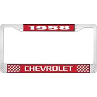 1958 CHEVROLET RED AND CHROME LICENSE PLATE FRAME WITH WHITE