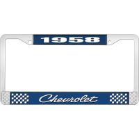 1958 CHEVROLET BLUE AND CHROME LICENSE PLATE FRAME WITH WHIT