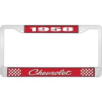 1958 CHEVROLET RED AND CHROME LICENSE PLATE FRAME WITH WHITE