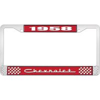 1958 CHEVROLET RED AND CHROME LICENSE PLATE FRAME WITH WHITE