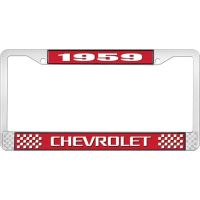 1959 CHEVROLET RED AND CHROME LICENSE PLATE FRAME WITH WHITE