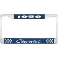 1959 CHEVROLET BLUE AND CHROME LICENSE PLATE FRAME WITH WHIT