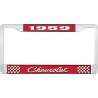 1959 CHEVROLET RED AND CHROME LICENSE PLATE FRAME WITH WHITE