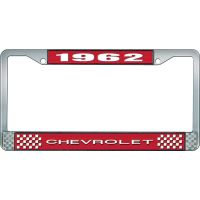 1962 CHEVROLET RED AND CHROME LICENSE PLATE FRAME WITH WHITE