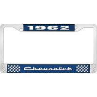 1962 CHEVROLET BLUE AND CHROME LICENSE PLATE FRAME WITH WHIT