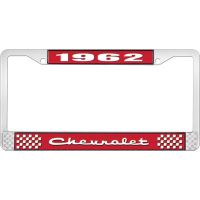 1962 CHEVROLET RED AND CHROME LICENSE PLATE FRAME WITH WHITE