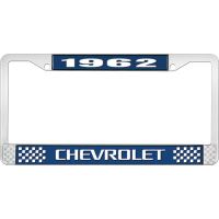 1962 CHEVROLET BLUE AND CHROME LICENSE PLATE FRAME WITH WHIT