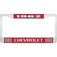 1962 CHEVROLET RED AND CHROME LICENSE PLATE FRAME WITH WHITE