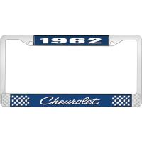 1962 CHEVROLET BLUE AND CHROME LICENSE PLATE FRAME WITH WHIT