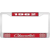 1962 CHEVROLET RED AND CHROME LICENSE PLATE FRAME WITH WHITE