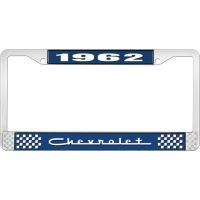 1962 CHEVROLET BLUE AND CHROME LICENSE PLATE FRAME WITH WHIT