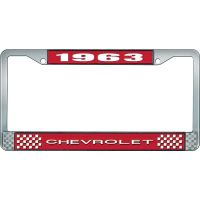 1963 CHEVROLET RED AND CHROME LICENSE PLATE FRAME WITH WHITE