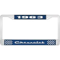 1963 CHEVROLET BLUE AND CHROME LICENSE PLATE FRAME WITH WHIT