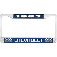 1963 CHEVROLET BLUE AND CHROME LICENSE PLATE FRAME WITH WHIT