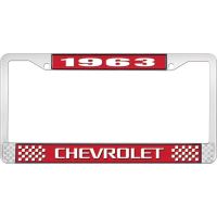 1963 CHEVROLET RED AND CHROME LICENSE PLATE FRAME WITH WHITE