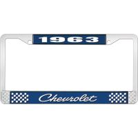 1963 CHEVROLET BLUE AND CHROME LICENSE PLATE FRAME WITH WHIT