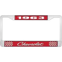 1963 CHEVROLET RED AND CHROME LICENSE PLATE FRAME WITH WHITE