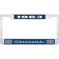 1963 CHEVROLET BLUE AND CHROME LICENSE PLATE FRAME WITH WHIT