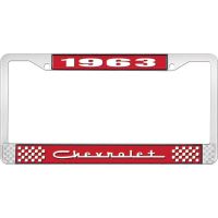 1963 CHEVROLET RED AND CHROME LICENSE PLATE FRAME WITH WHITE