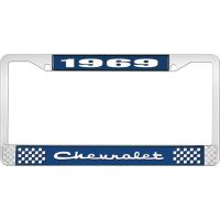 1969 CHEVROLET BLUE AND CHROME LICENSE PLATE FRAME WITH WHIT