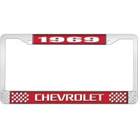 1969 CHEVROLET RED AND CHROME LICENSE PLATE FRAME WITH WHITE