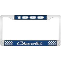 1969 CHEVROLET BLUE AND CHROME LICENSE PLATE FRAME WITH WHIT