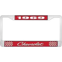 1969 CHEVROLET RED AND CHROME LICENSE PLATE FRAME WITH WHITE