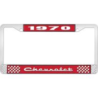 1970 CHEVROLET RED  AND CHROME LICENSE PLATE FRAME WITH WHIT