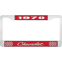 1970 CHEVROLET RED  AND CHROME LICENSE PLATE FRAME  WITH WHI