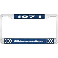 1971 CHEVROLET BLUE AND CHROME LICENSE PLATE FRAME WITH WHIT